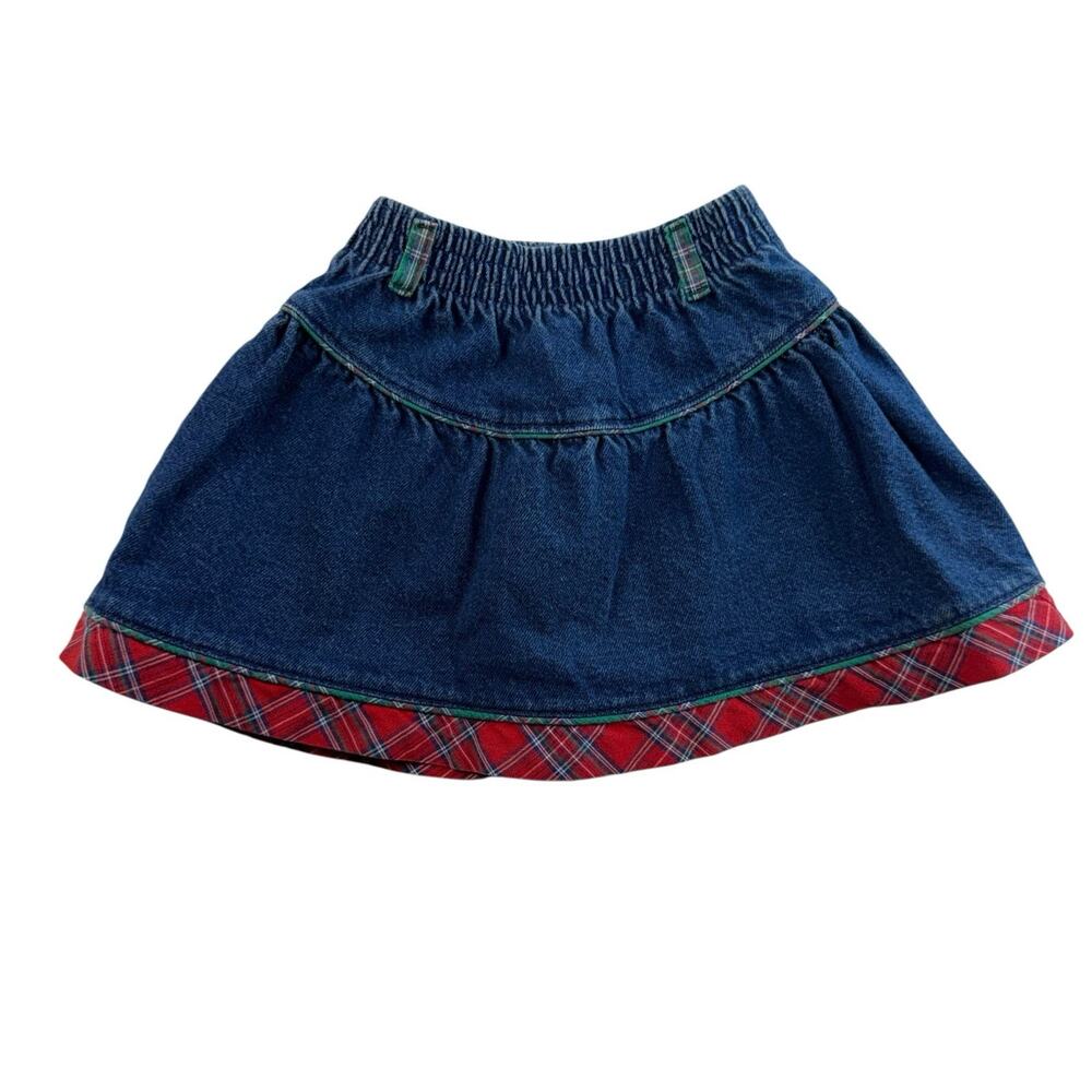 Vtg 90s OshKosh Girls 4 Denim Skirt Gingham Red Plaid Trim Pull On USA Cotton